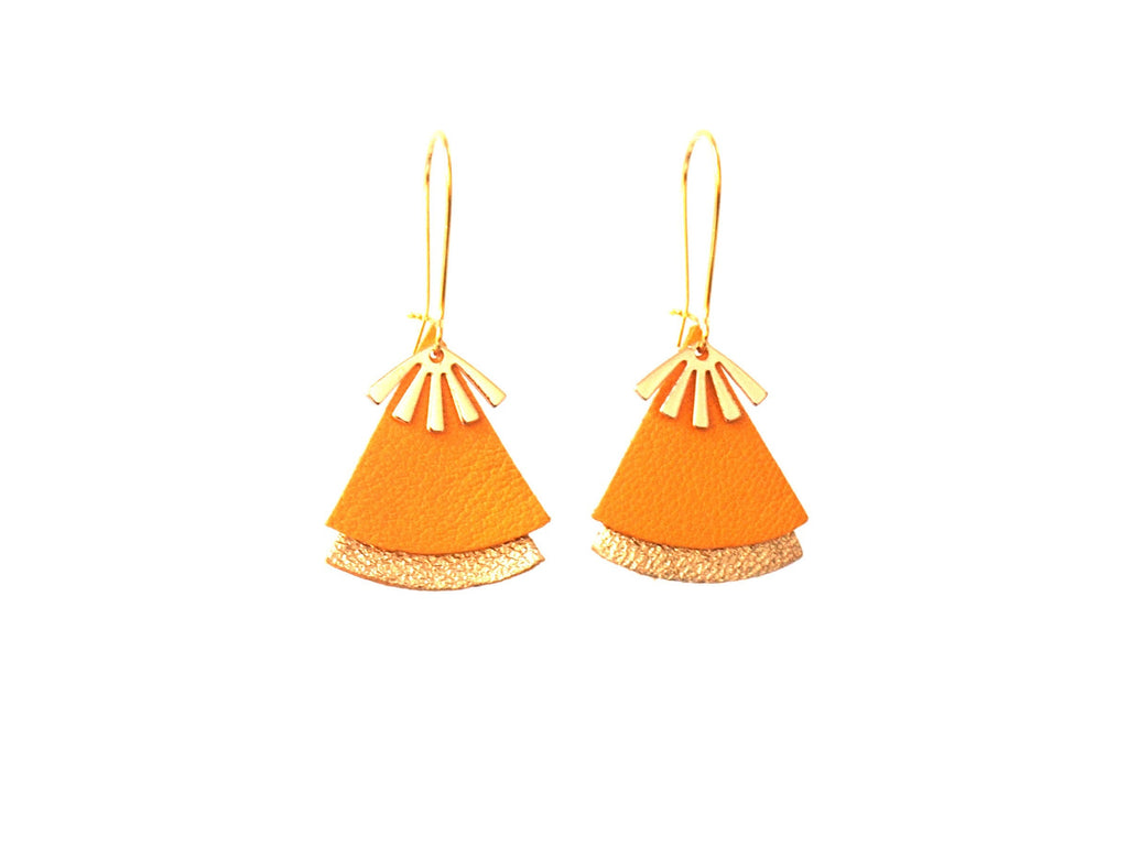 Boucles d'oreilles jaunes - éventail cuir jaune et or, laiton doré - boucles d'oreilles ethniques, japonisantes - modèle STELLA