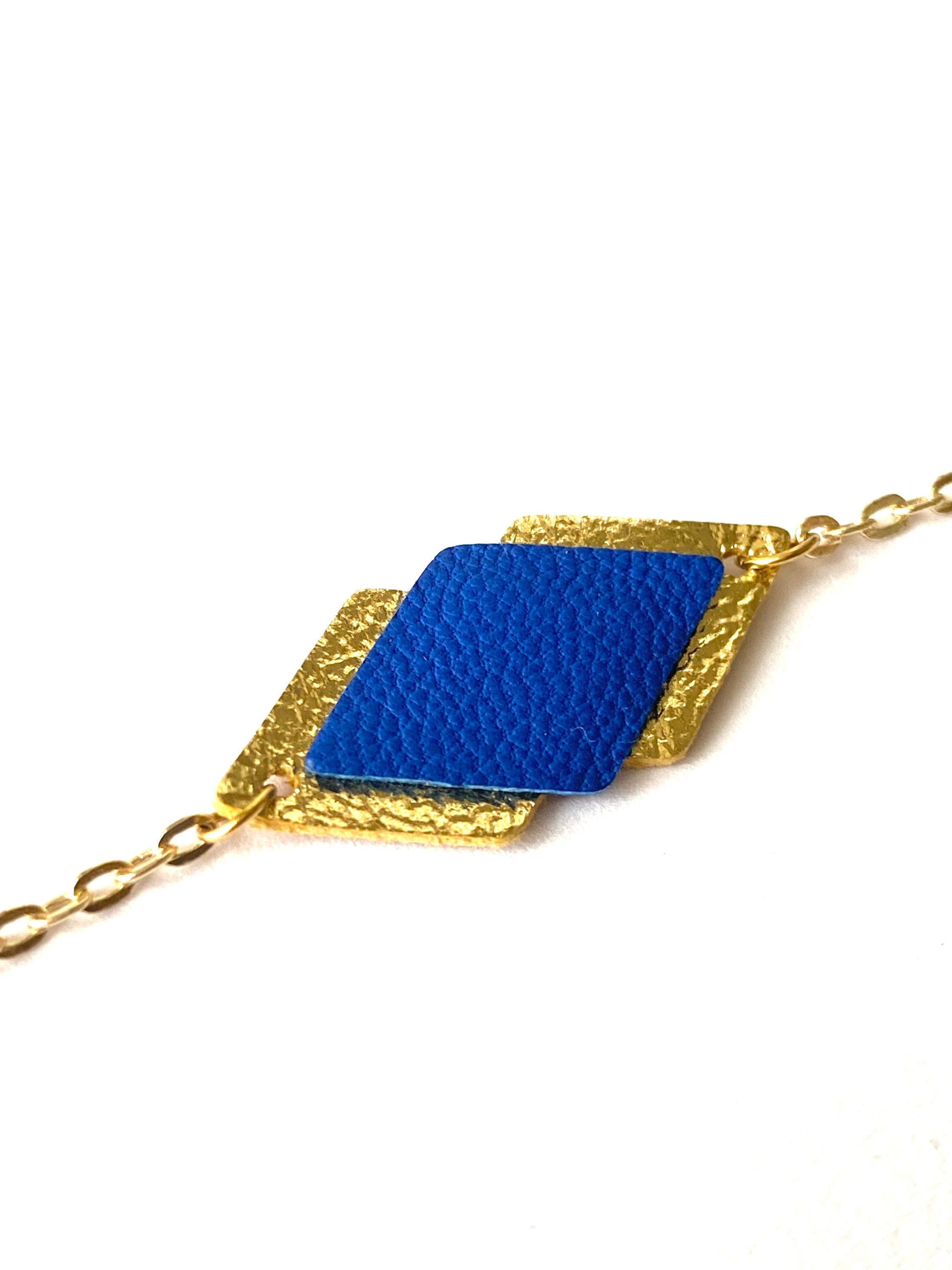 Bracelet femme cuir bleu électrique et laiton doré