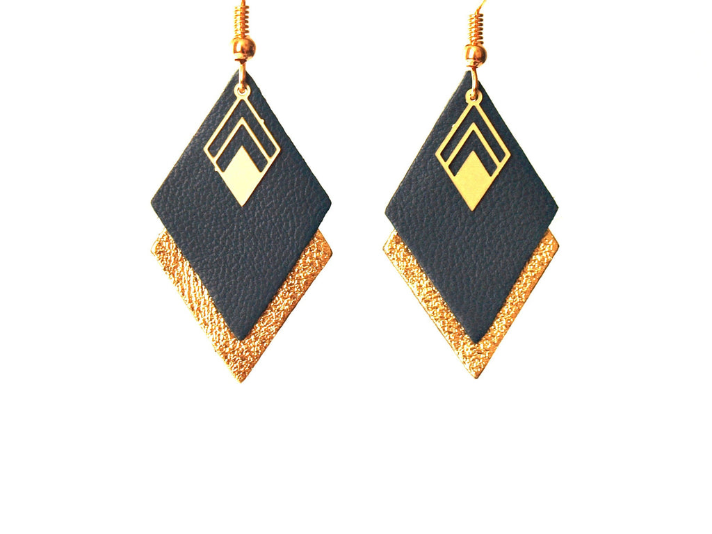 Boucles d'oreilles cuir bleu canard et or, boucles d'oreilles graphiques losanges géométriques - modèle LYA - cadeau noël pour femme