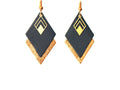 Boucles d'oreilles cuir bleu canard et or, boucles d'oreilles graphiques losanges géométriques - modèle LYA - cadeau noël pour femme