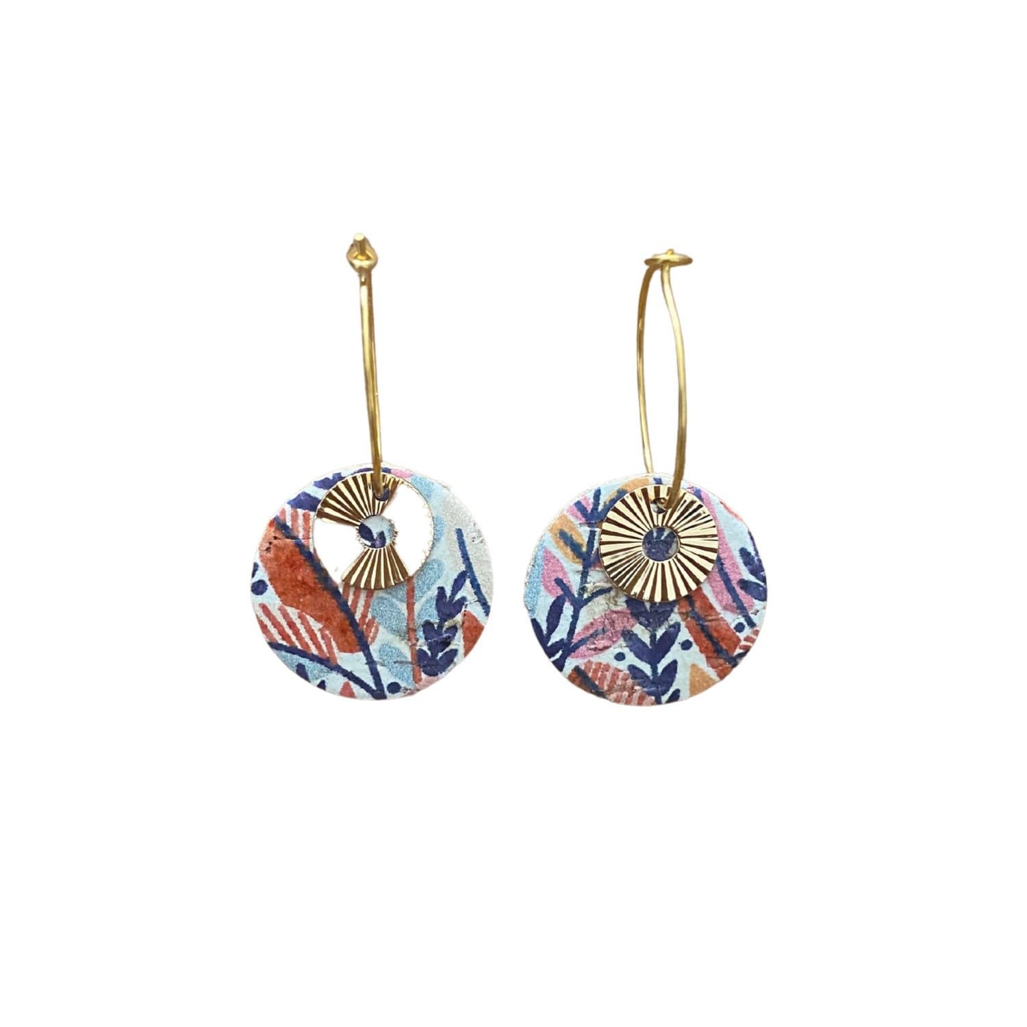 Boucles d’oreilles cuir et liège fleuri créoles dorées en acier inoxydable
