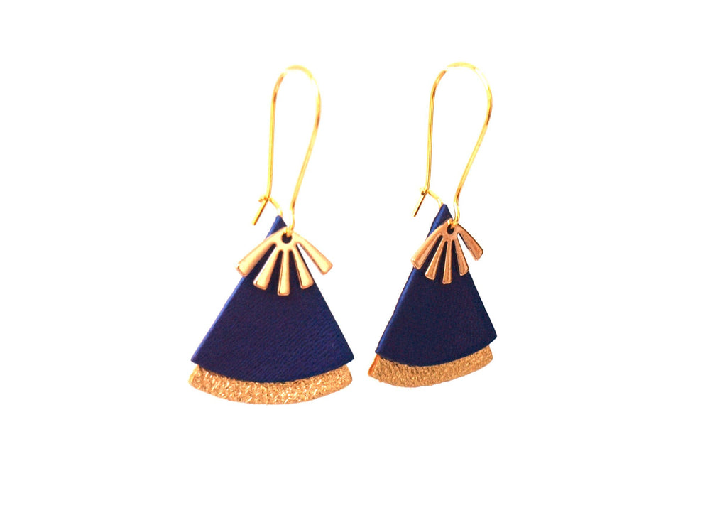 Boucles d'oreilles cuir bleu roi et or, forme éventail - boucles d'oreilles ethniques, art déco, modèle STELLA