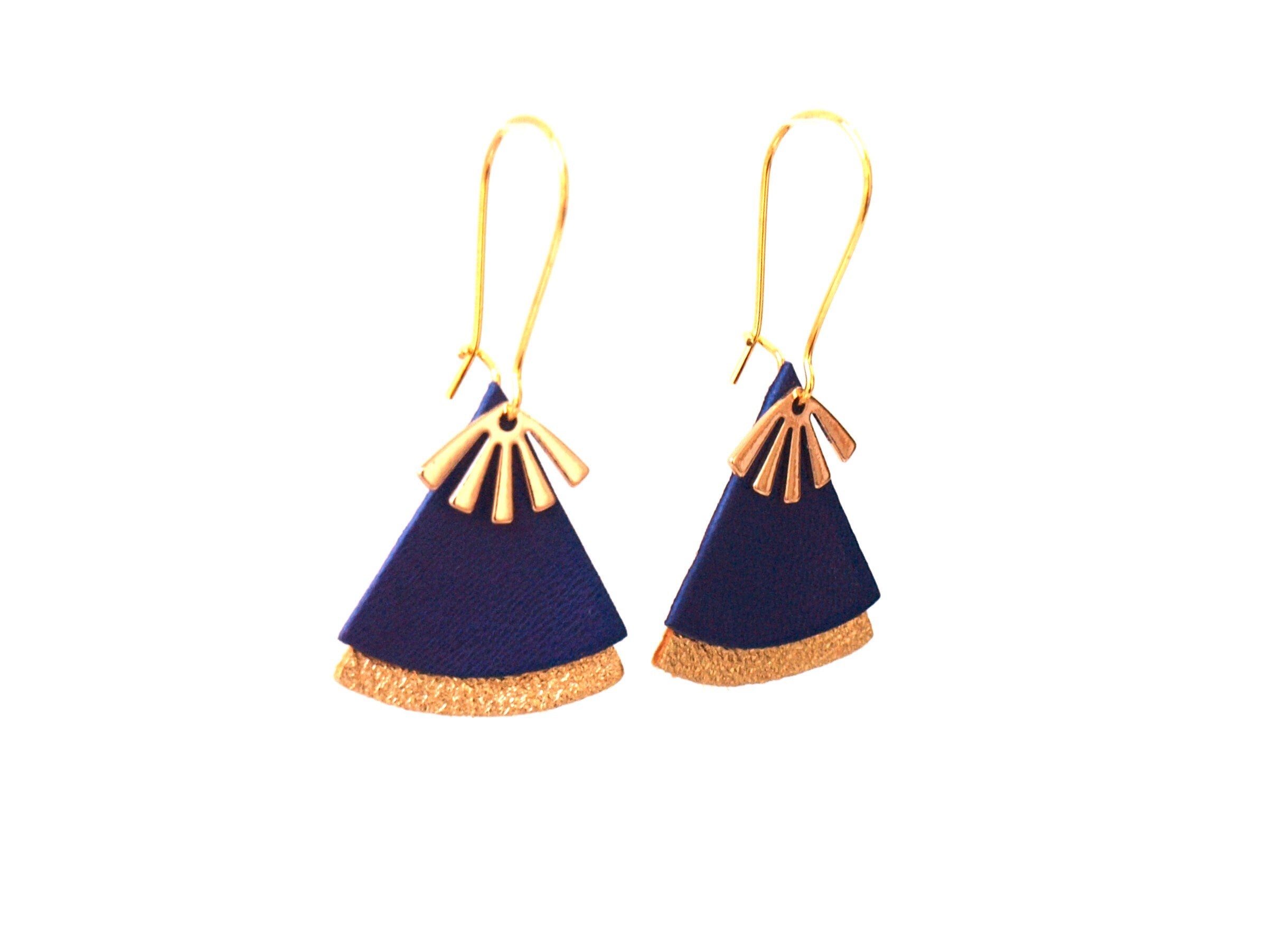Boucles d'oreilles cuir bleu roi et or, forme éventail - boucles d'oreilles ethniques, art déco, modèle STELLA