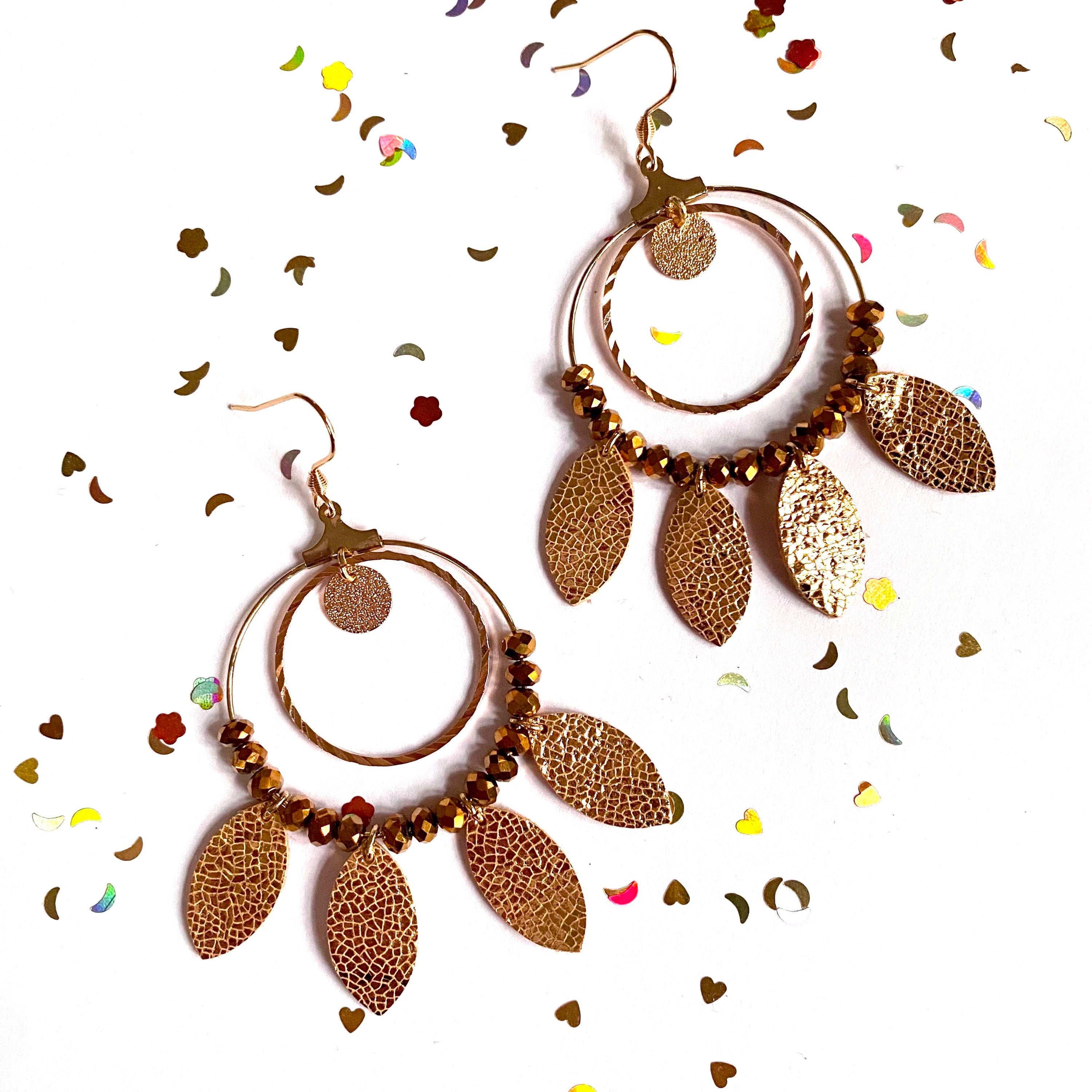 Boucles d’oreilles bohèmes style créoles en cuir doré et acier inoxydable