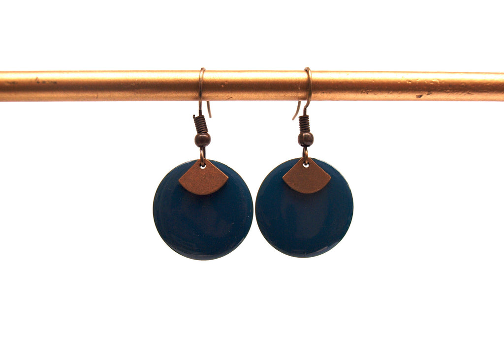Boucles d'oreilles bleu canard et bronze sequin émaillé rond et pendentif éventail  - cadeau de noël pour femme