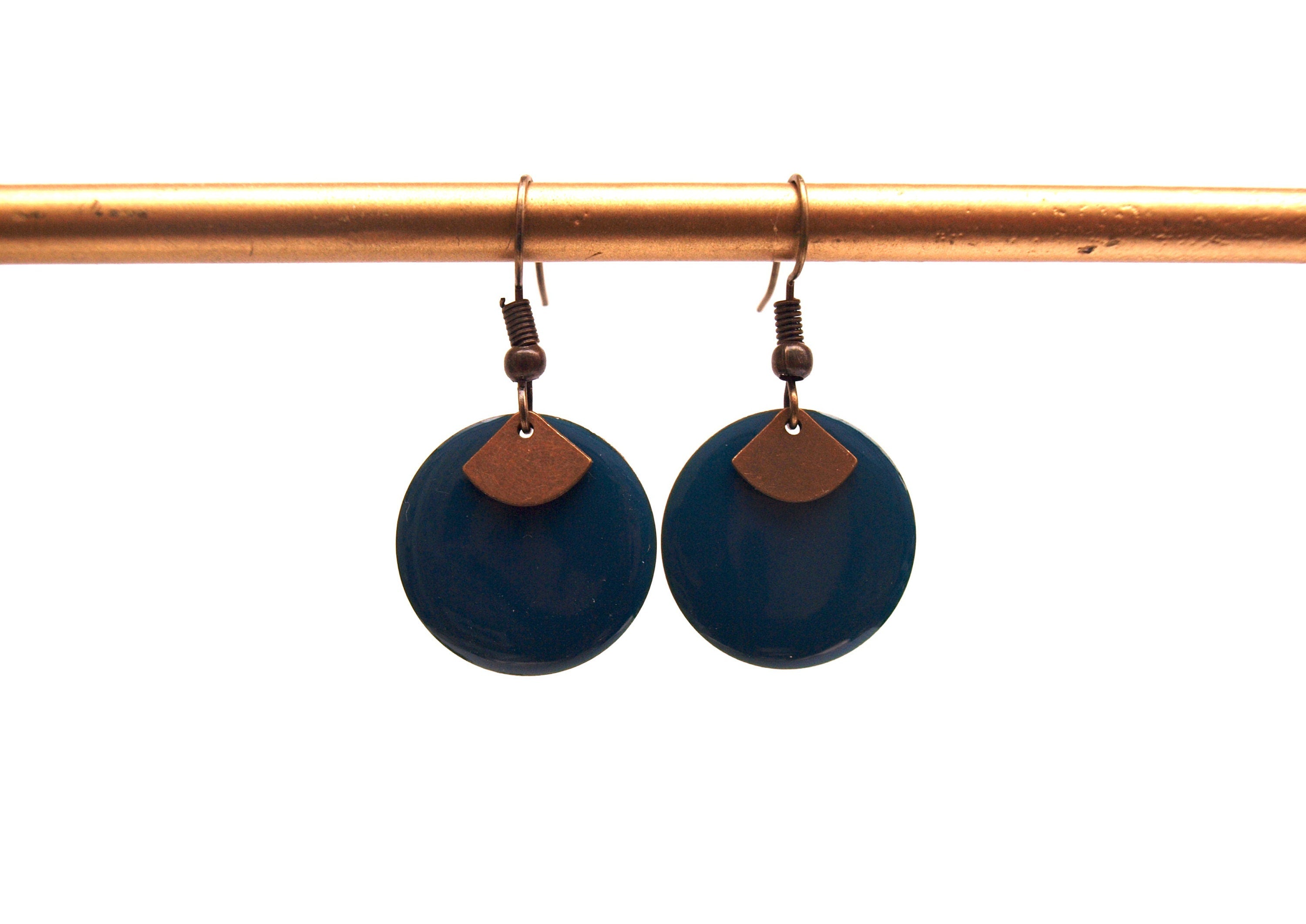 Boucles d'oreilles bleu canard et bronze sequin émaillé rond et pendentif éventail  - cadeau de noël pour femme