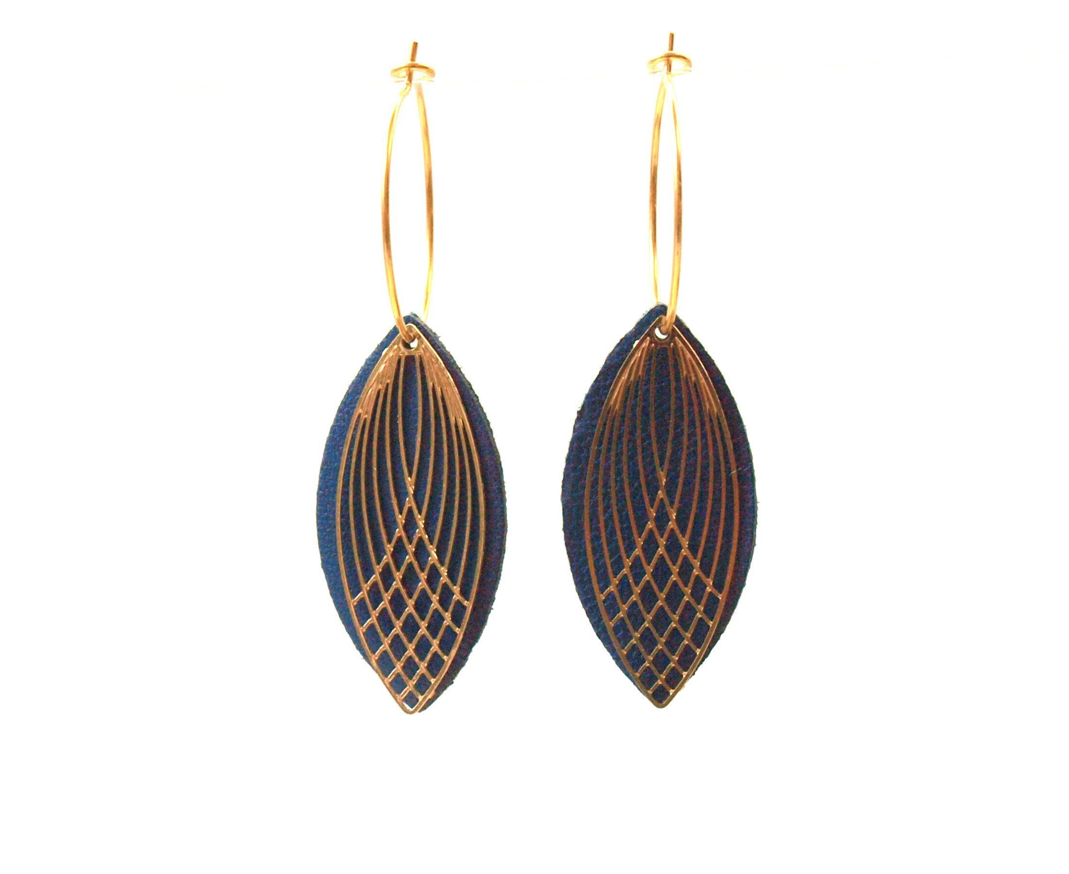 Boucles d'oreilles créoles acier et cuir - bleu canard et or - créoles style art déco - modèle SIENNA