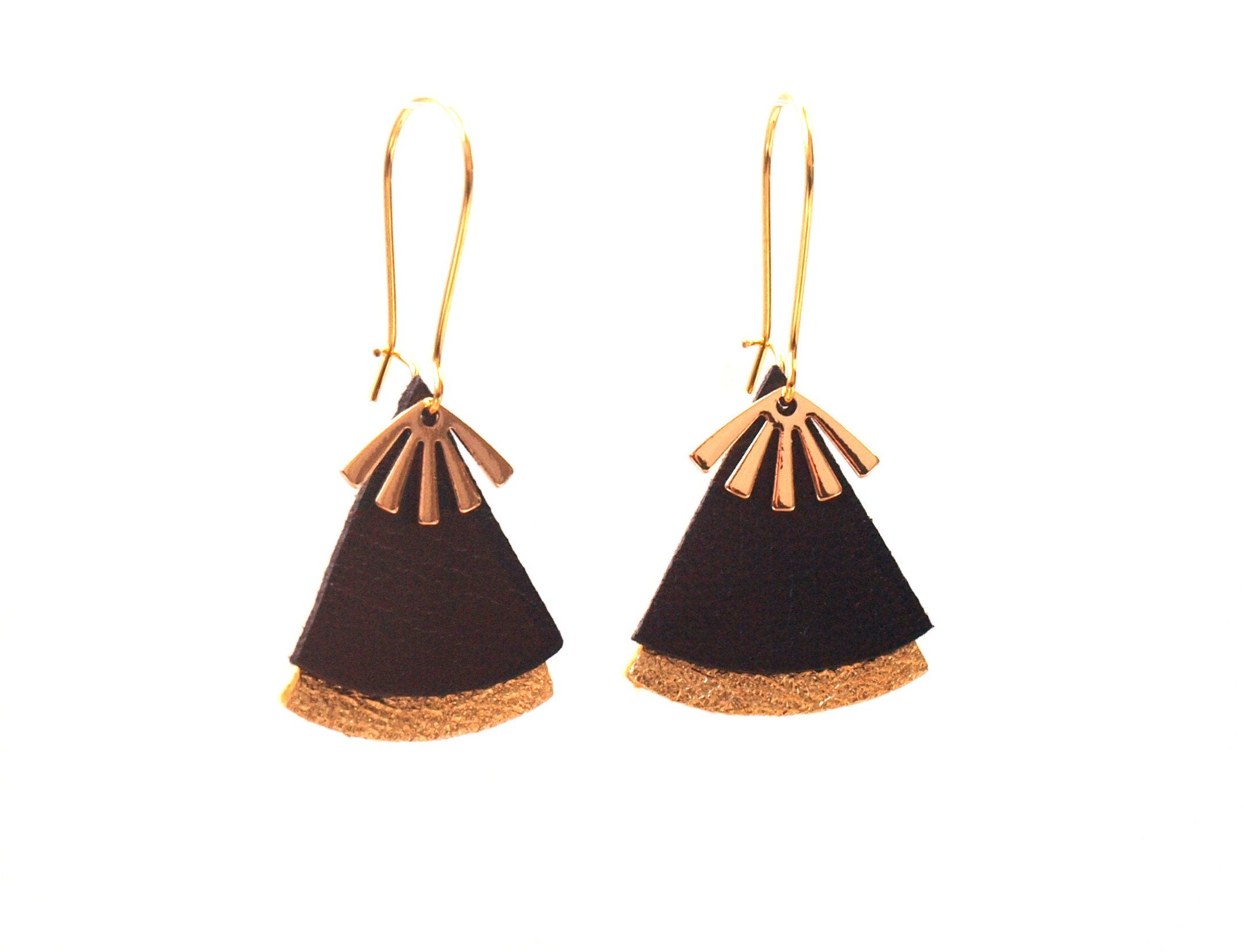 Boucles d'oreilles cuir noir et or, forme éventail - boucles d'oreilles art déco, ethniques modèle STELLA