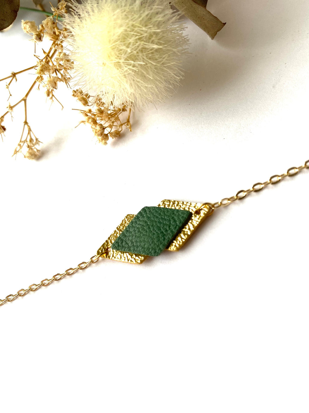 Bracelet femme vert de gris et doré en cuir
