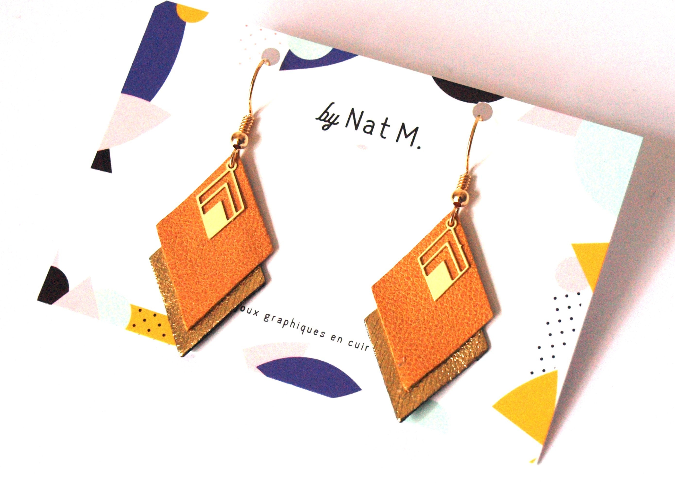 Boucles d'oreilles cuir jaune vintage et or, boucles d'oreilles graphiques losanges - modèle LYA - cadeau de noël pour femme pour elle