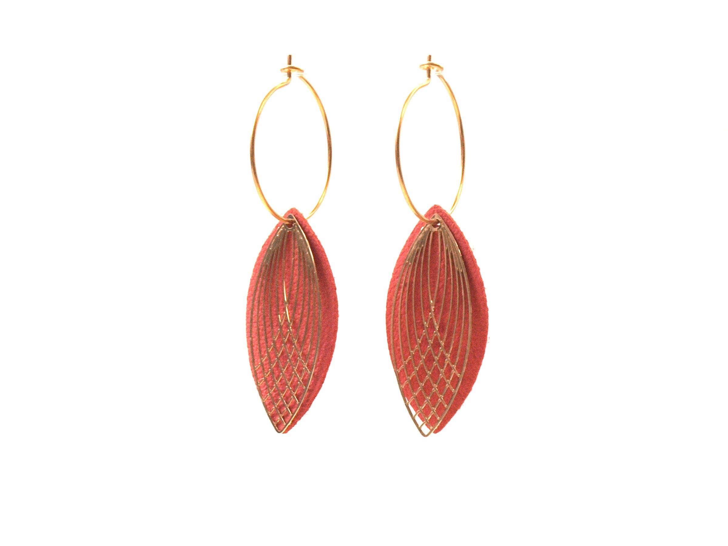 Boucles d'oreilles créoles acier inoxydable - cuir corail et or - créoles style art déco - modèle SIENNA