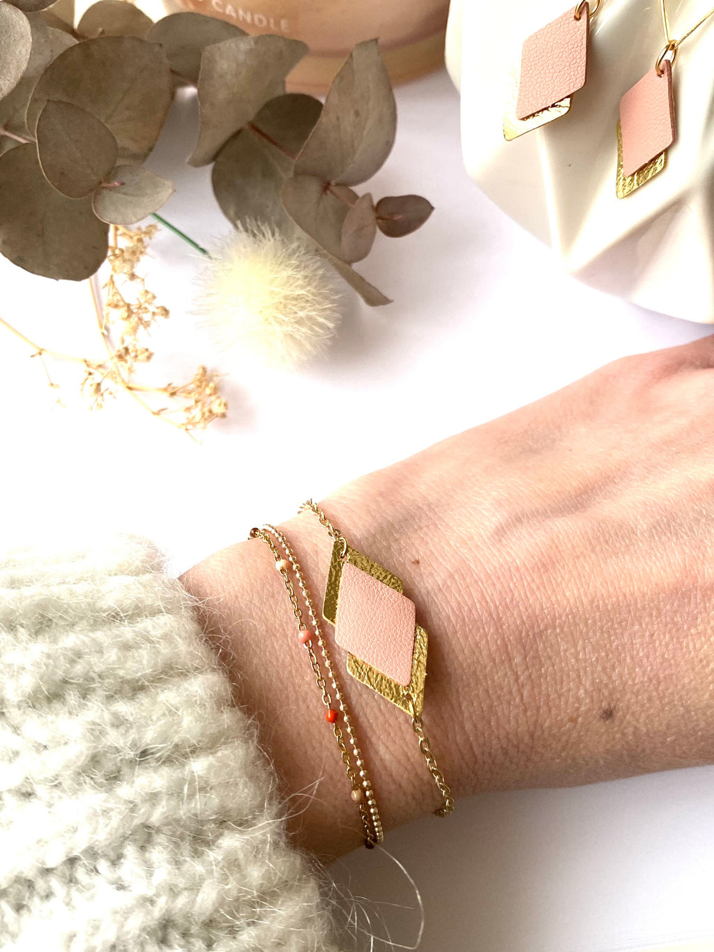 Bracelet femme cuir vieux rosé pastel et doré - bracelet mariage