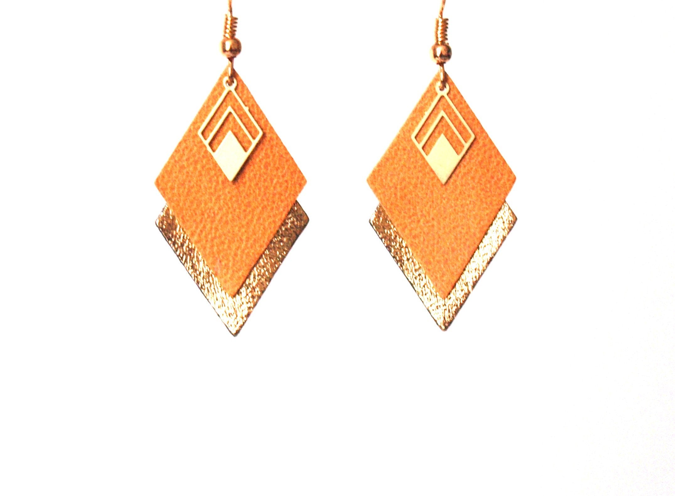 Boucles d'oreilles cuir jaune vintage et or, boucles d'oreilles graphiques losanges - modèle LYA - cadeau de noël pour femme pour elle