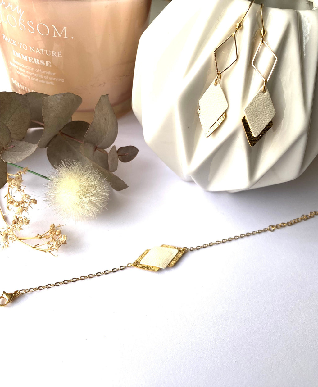 Bracelet femme cuir blanc cassé et doré - bracelet mariage
