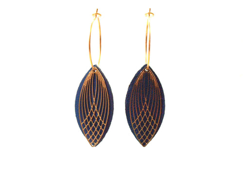 Boucles d'oreilles créoles acier et cuir - bleu canard et or - créoles style art déco - modèle SIENNA