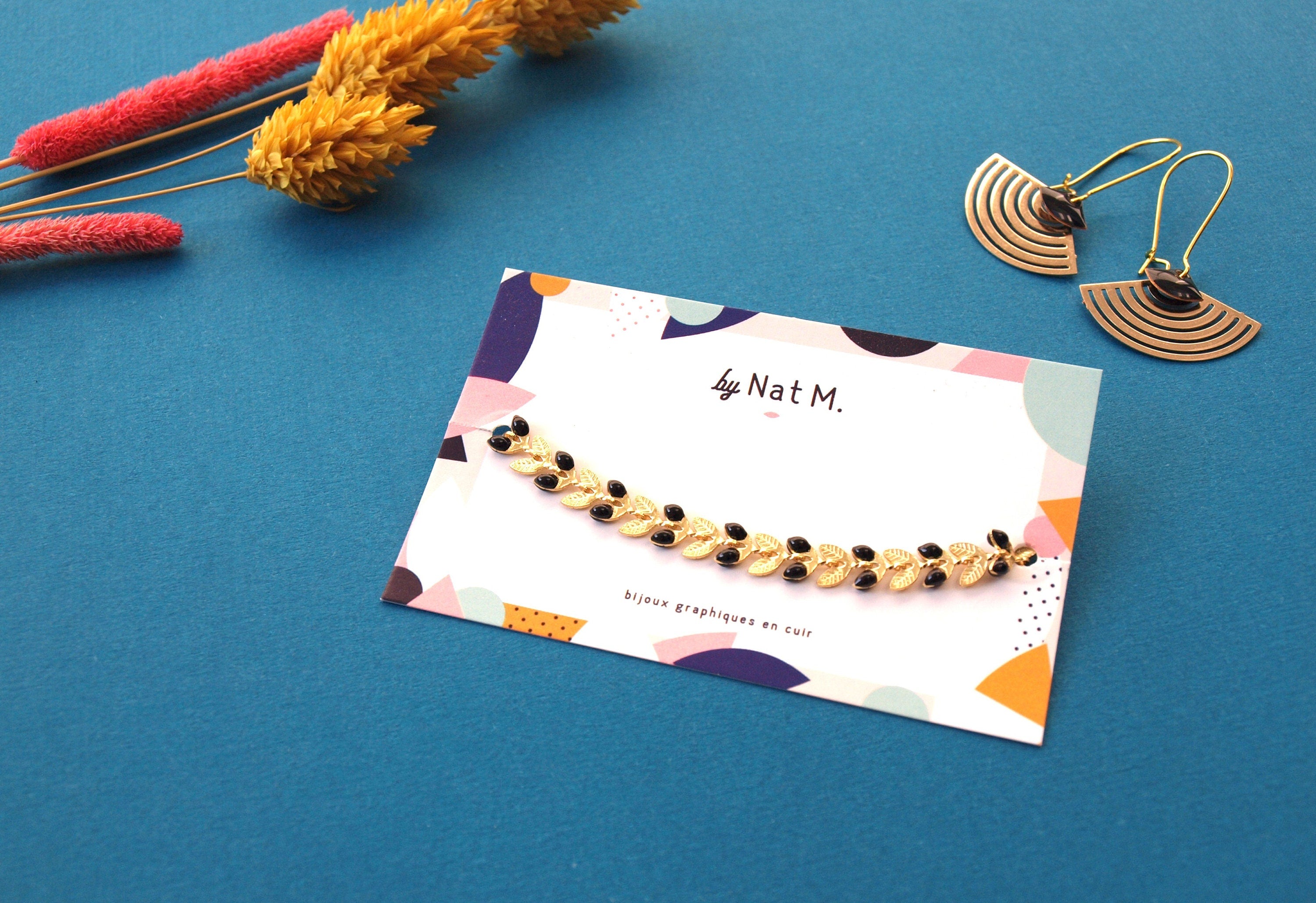 Bracelet fin or et noir - chaîne épis émaillée - bracelet femme à juxtaposer - superposition bracelets - bracelet boheme - cadeau pour elle