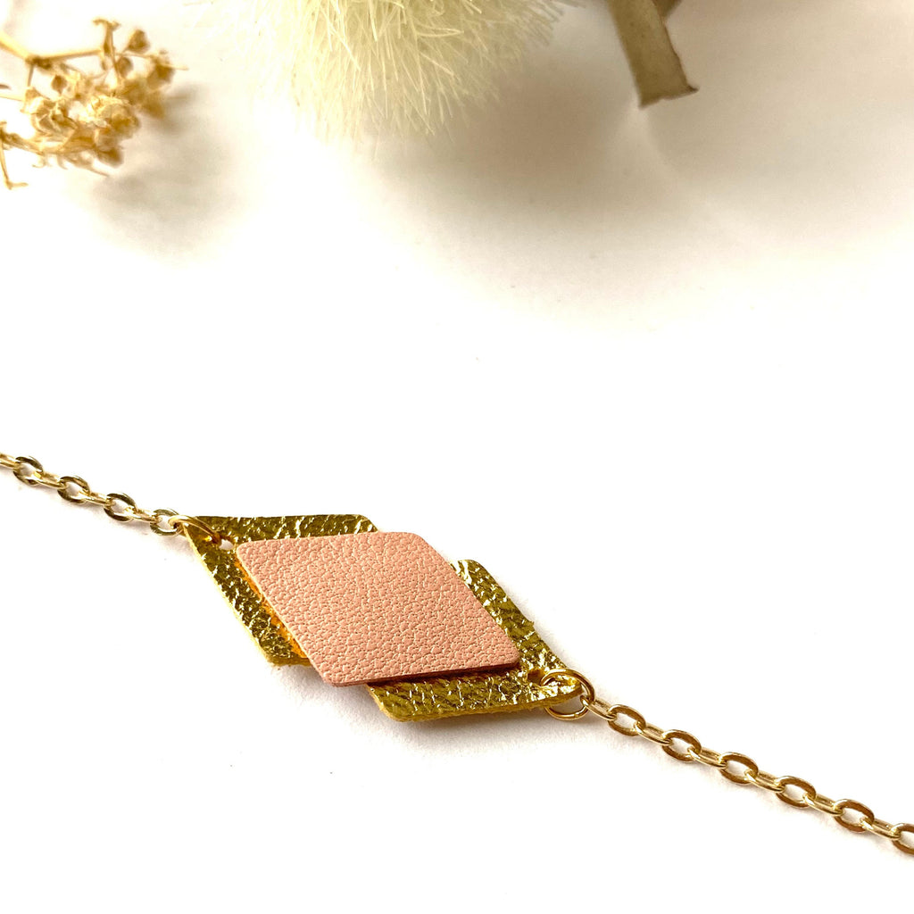 Bracelet femme cuir vieux rosé pastel et doré - bracelet mariage