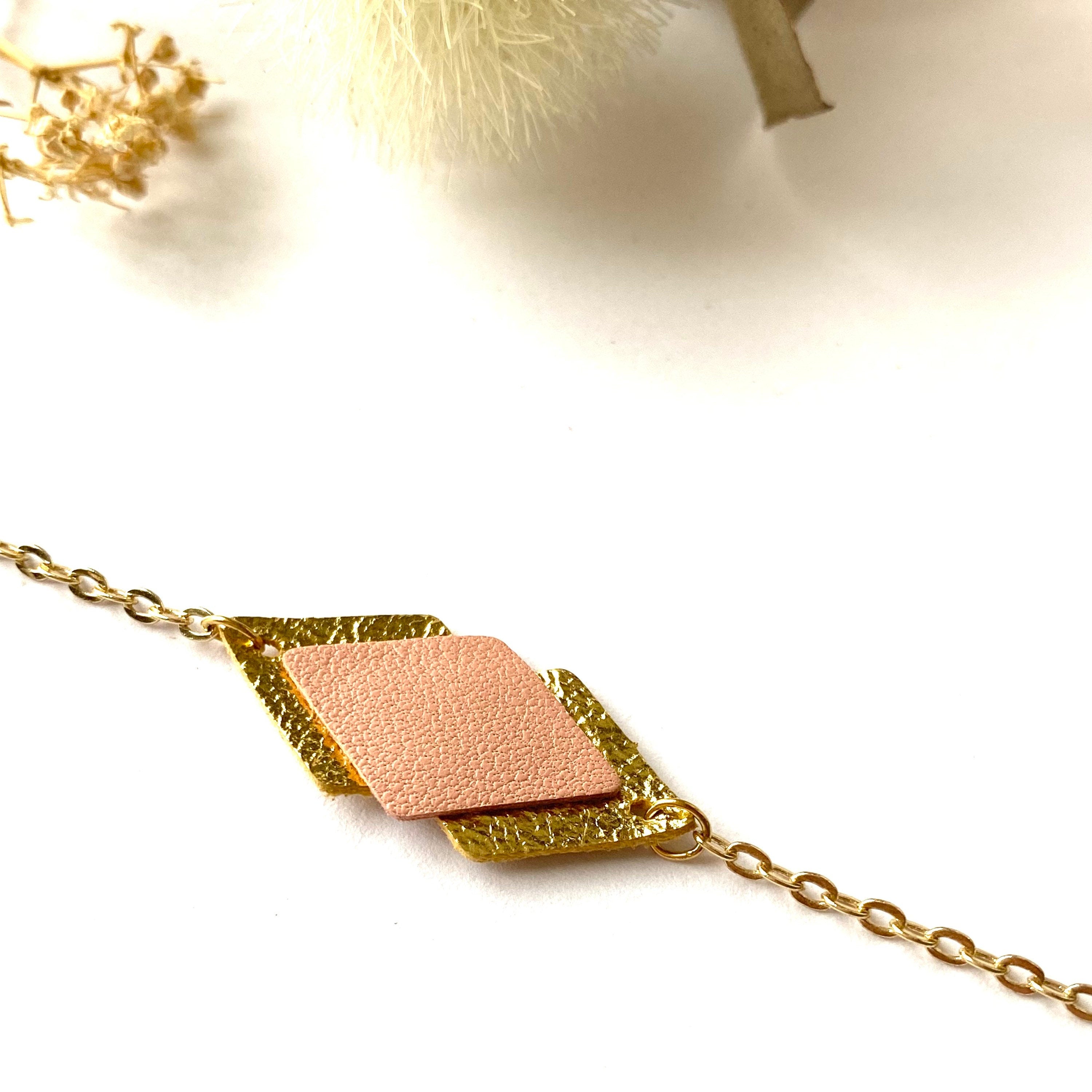 Bracelet femme cuir vieux rosé pastel et doré - bracelet mariage