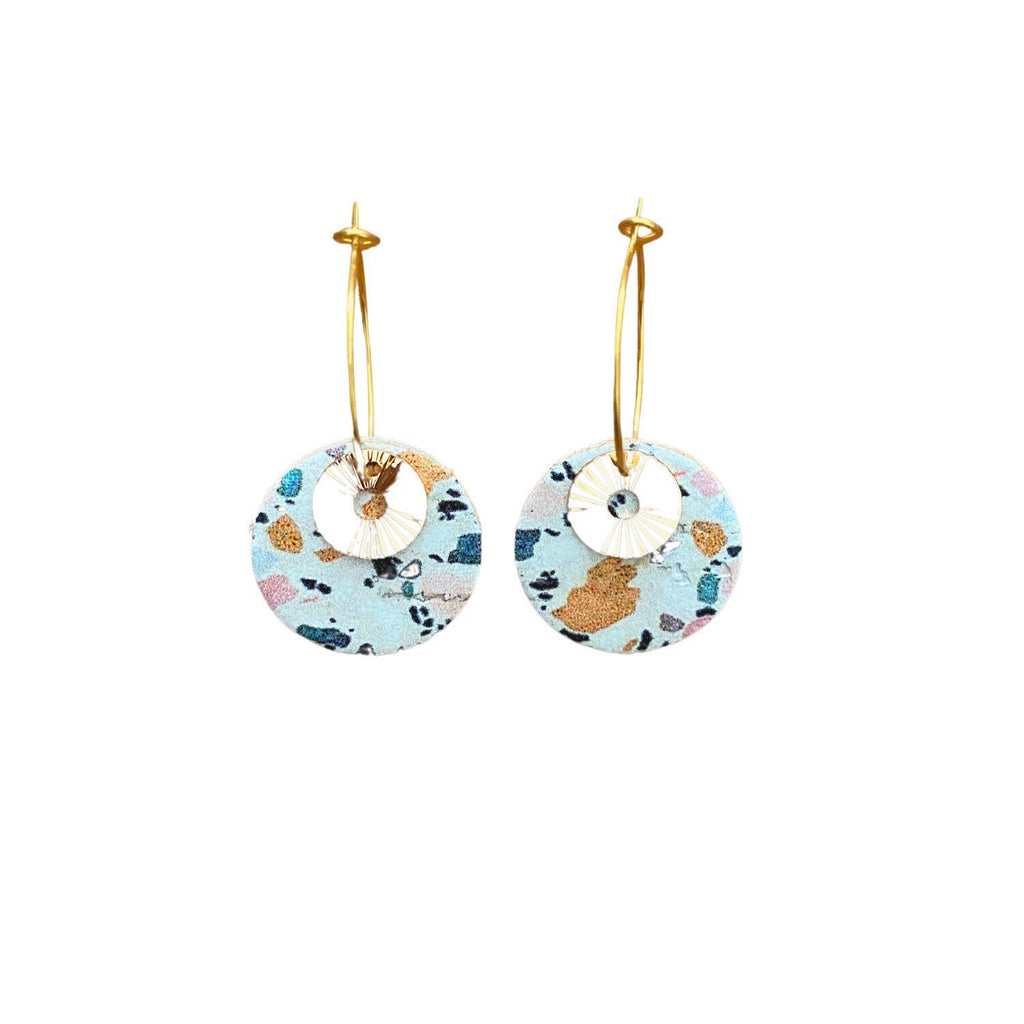 Boucles d’oreilles cuir et liège terrazzo créoles dorées en acier inoxydable