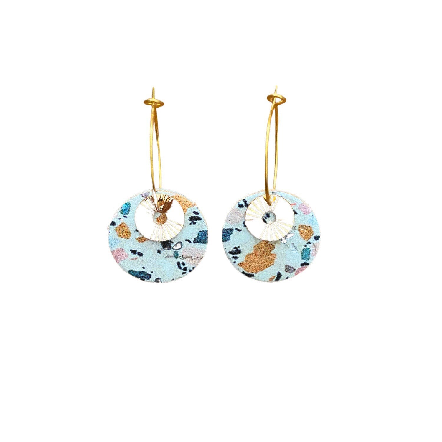 Boucles d’oreilles cuir et liège terrazzo créoles dorées en acier inoxydable