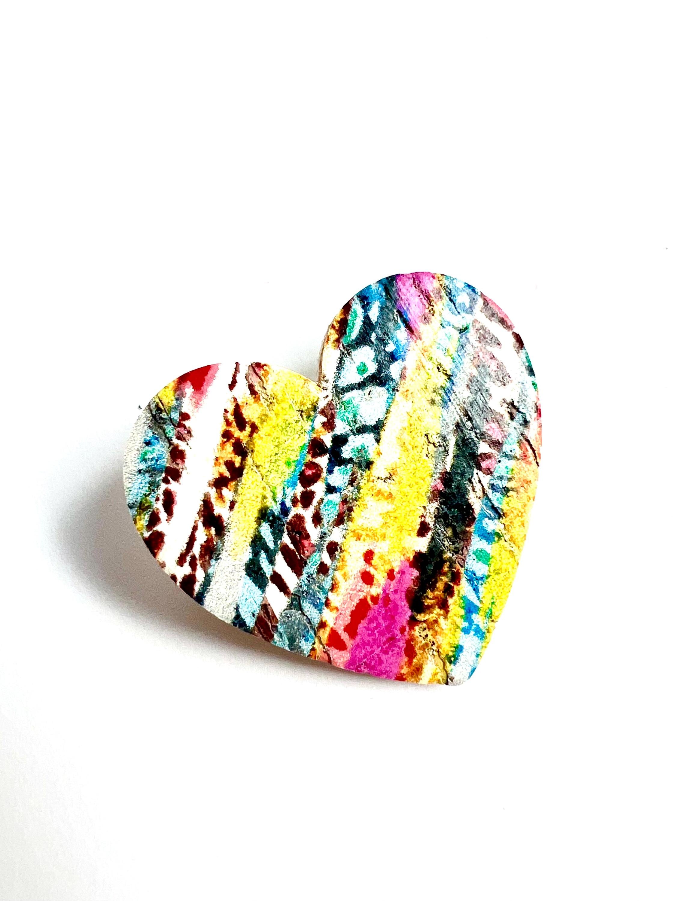 Broche coeur en liège multicolore motif abstrait doublé de cuir - cadeau fête des mères - cadeau maîtresse - cadeau pour elle