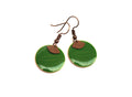 Boucles d'oreilles vert vif et bronze sequin émaillé rond et pendentif éventail  - cadeau de noël pour femme