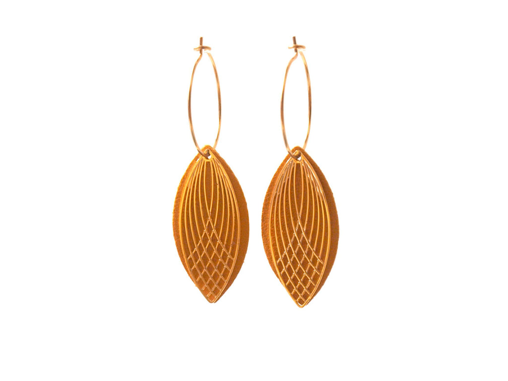 Boucles d'oreilles créoles acier inoxydable et cuir - jaune moutarde et or - créoles style art déco - modèle SIENNA