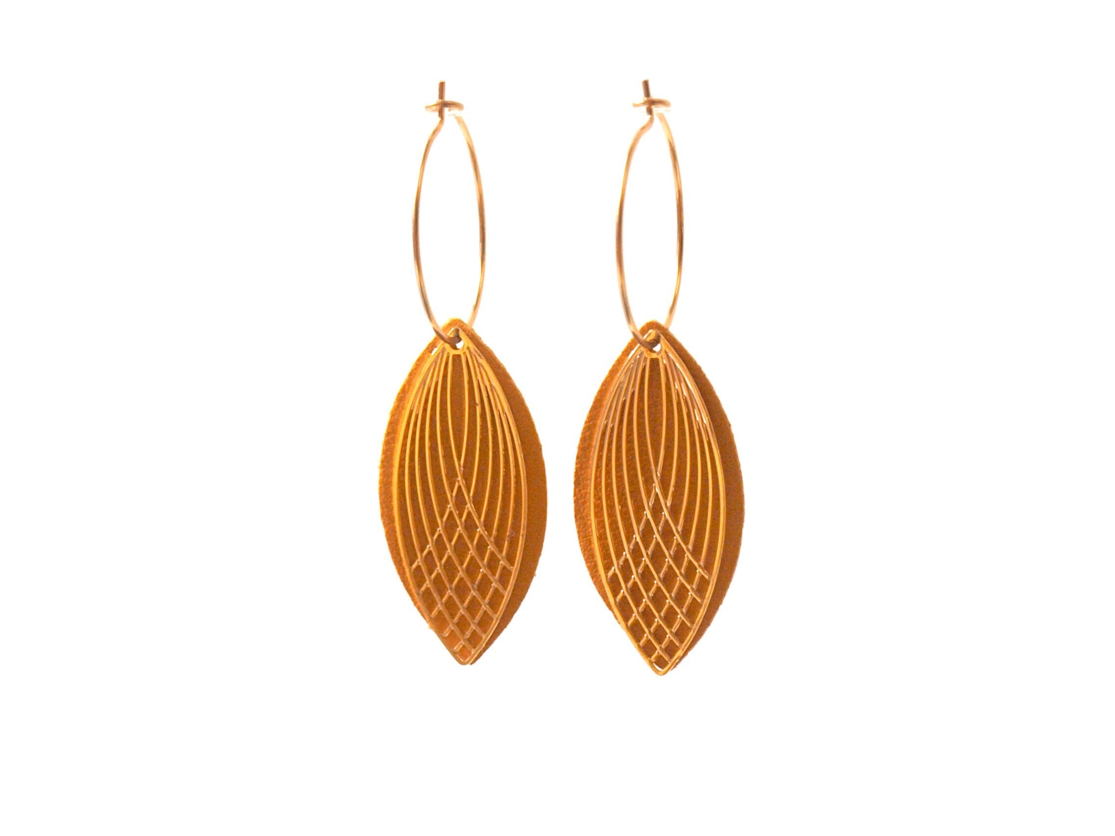 Boucles d'oreilles créoles acier inoxydable et cuir - jaune moutarde et or - créoles style art déco - modèle SIENNA