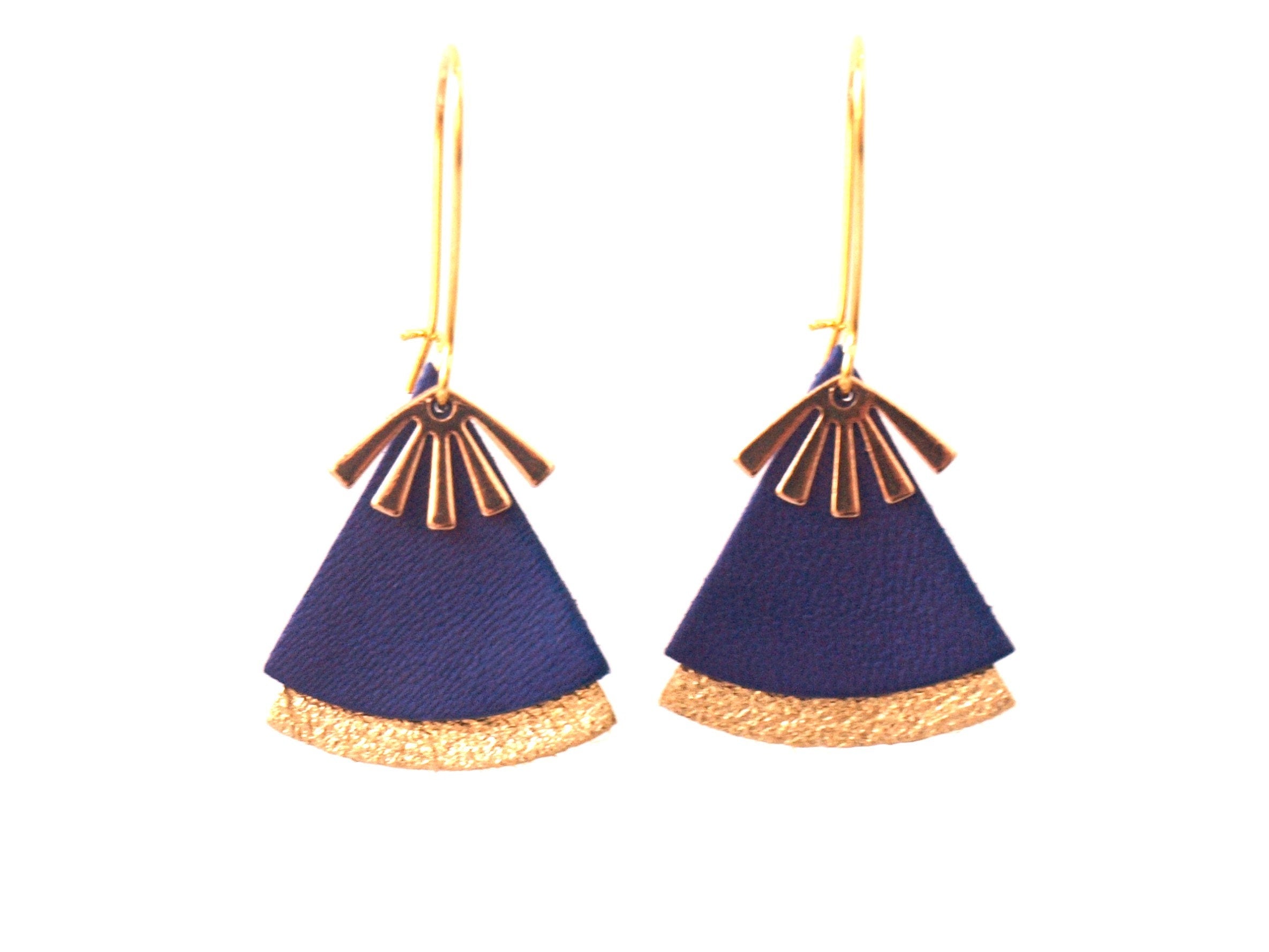 Boucles d'oreilles cuir bleu roi et or, forme éventail - boucles d'oreilles ethniques, art déco, modèle STELLA