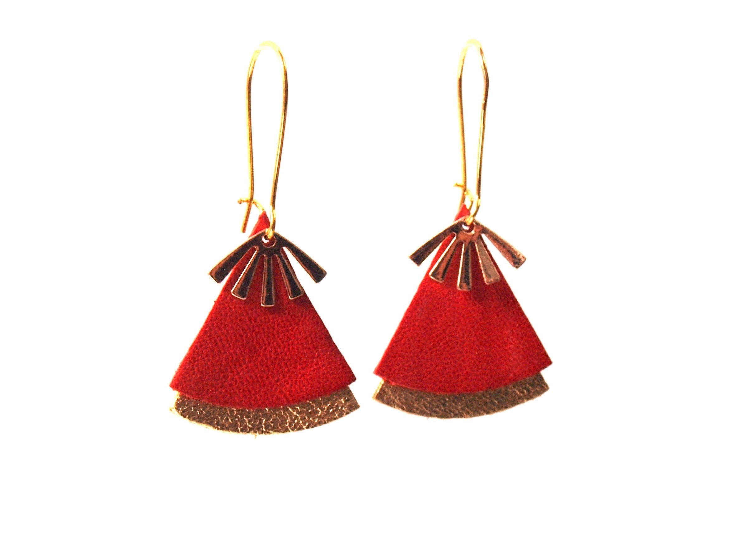 Boucles d'oreilles en cuir rouge et or, forme éventail - boucles d'oreilles ethniques modèle STELLA