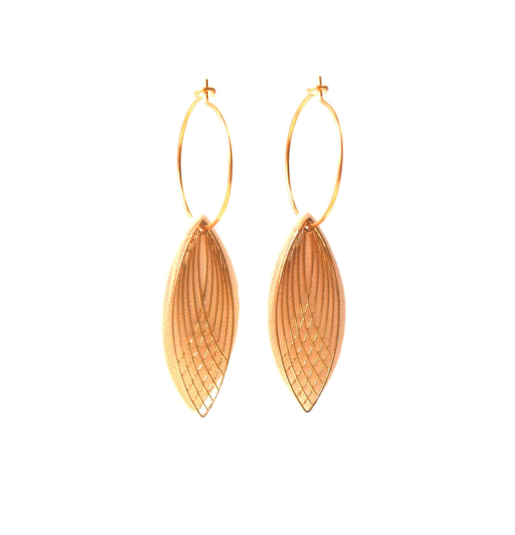 Boucles d'oreilles créoles acier inoxydable et cuir -blanc et or - créoles style art déco - modèle SIENNA