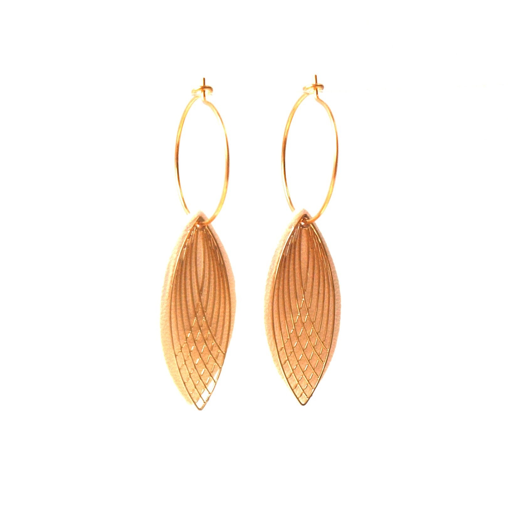 Boucles d'oreilles créoles acier inoxydable et cuir -blanc et or - créoles style art déco - modèle SIENNA