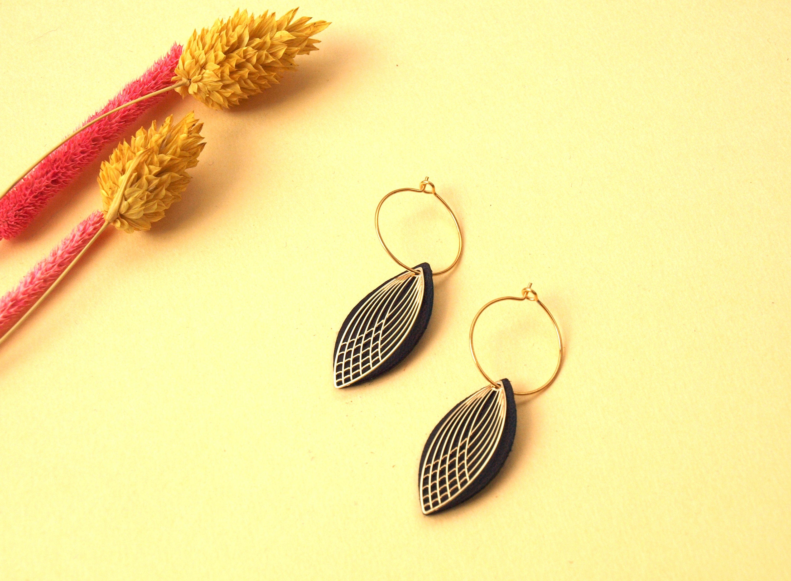 Boucles d'oreilles créoles acier inoxydable et cuir - noir et or - créoles style art déco - modèle SIENNA