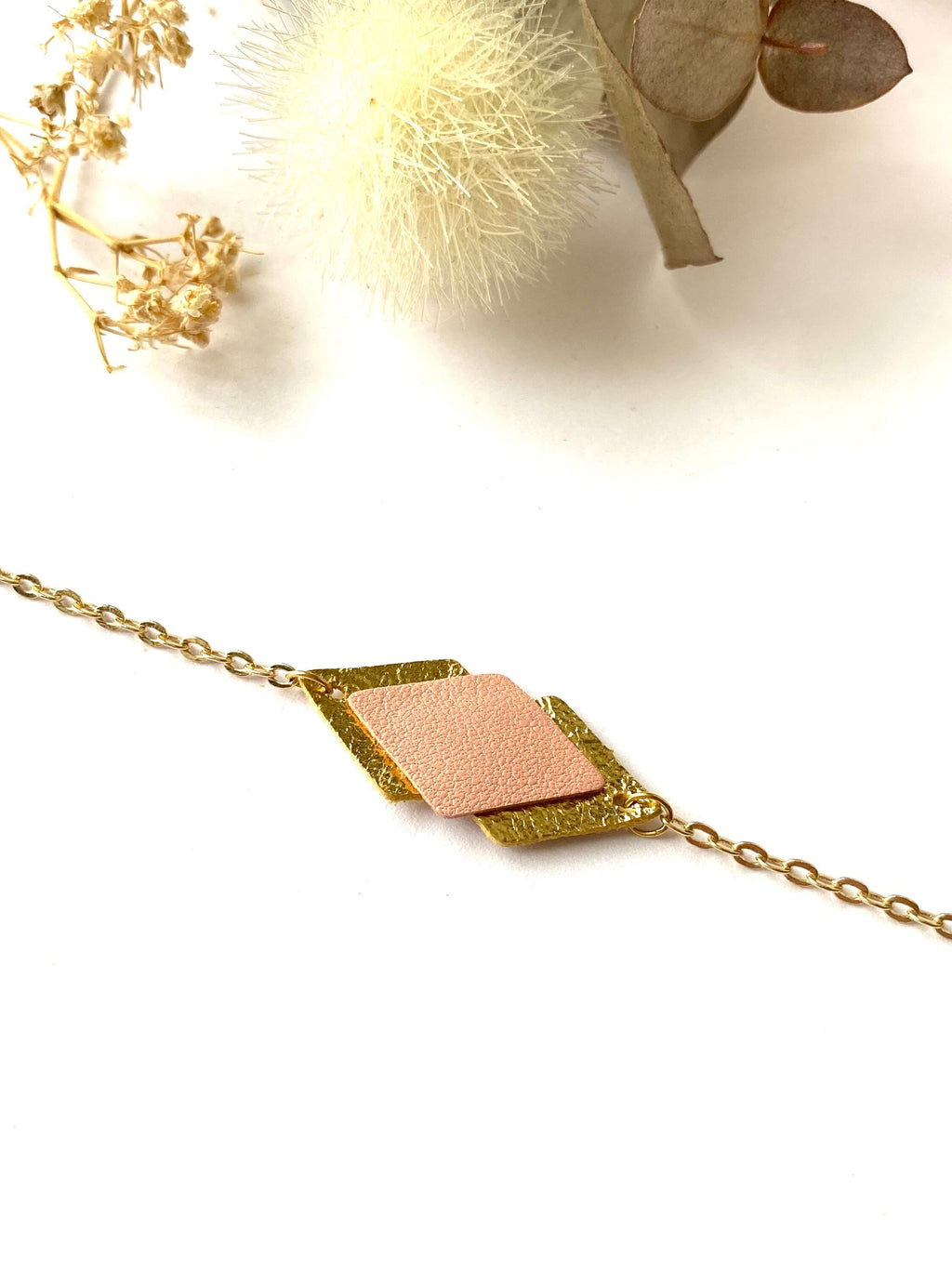 Bracelet femme cuir vieux rosé pastel et doré - bracelet mariage