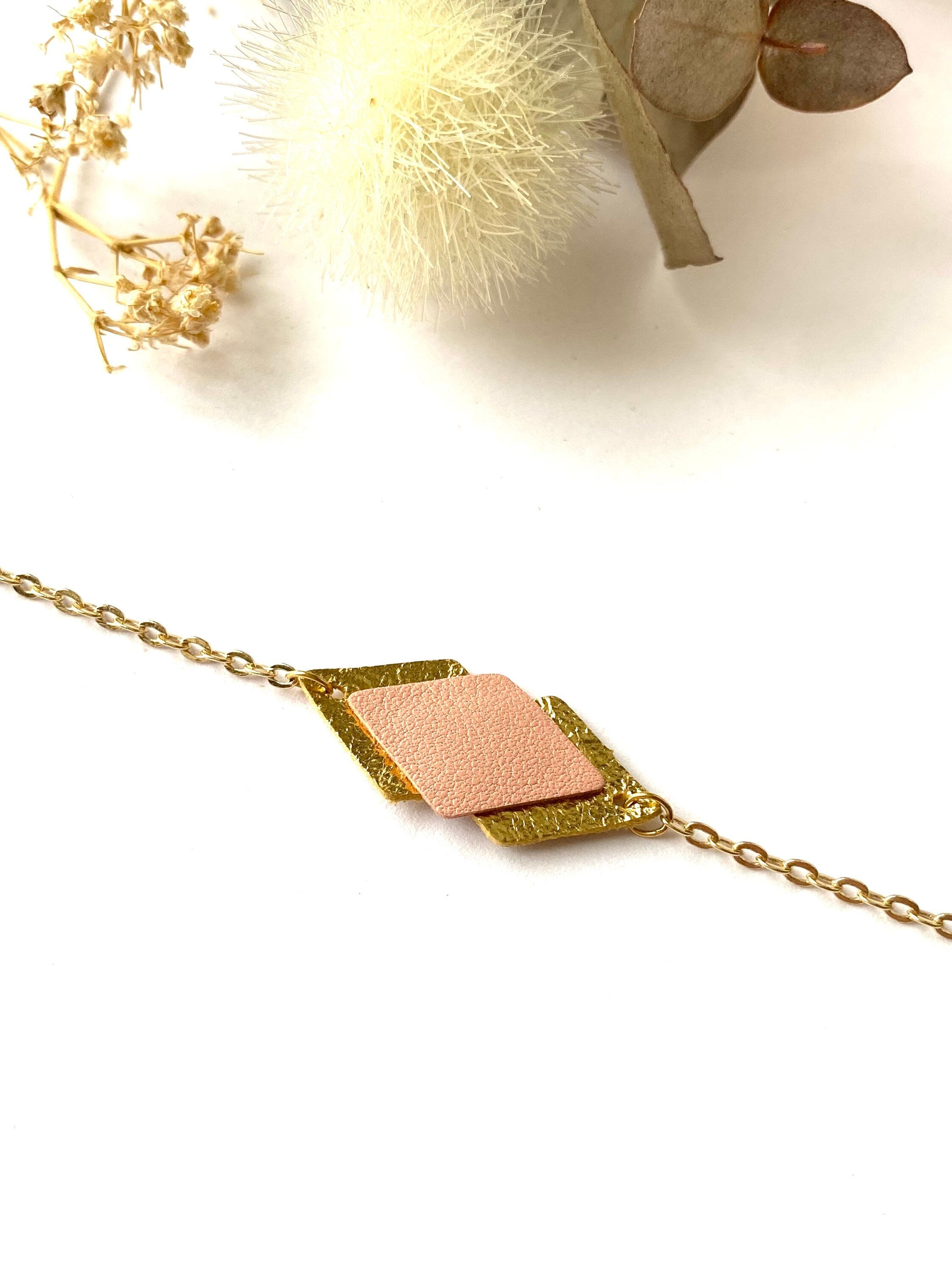 Bracelet femme cuir vieux rosé pastel et doré - bracelet mariage