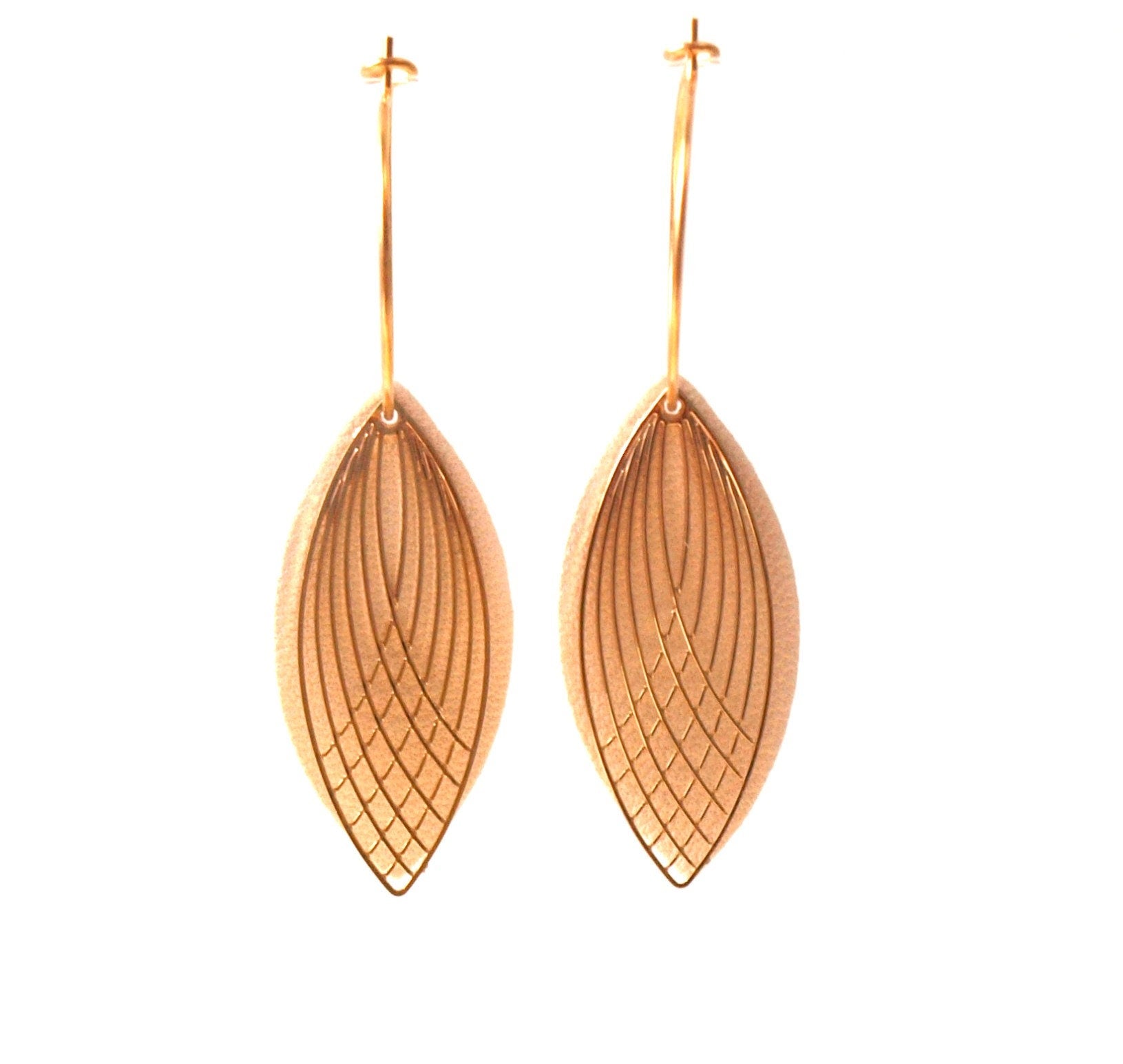 Boucles d'oreilles créoles acier inoxydable et cuir -blanc et or - créoles style art déco - modèle SIENNA