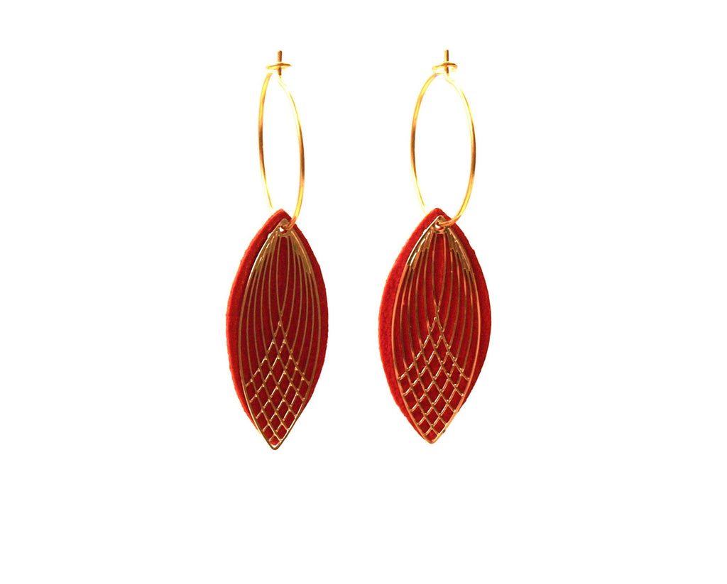 Boucles d'oreilles rouges - créoles acier inoxydable - cuir rouge et or - créoles style art déco - modèle SIENNA