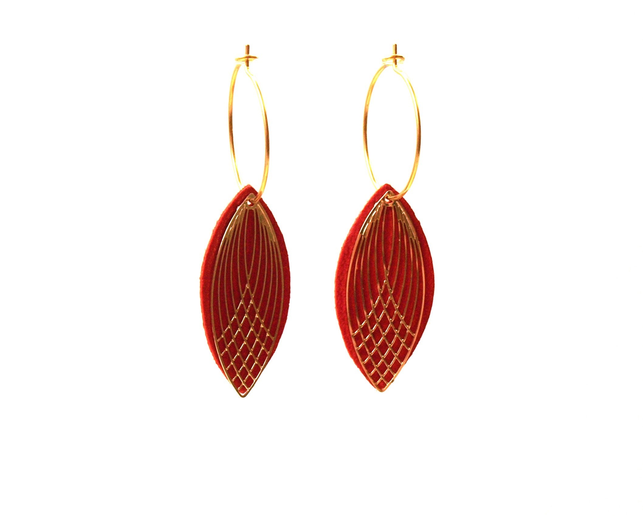 Boucles d'oreilles rouges - créoles acier inoxydable - cuir rouge et or - créoles style art déco - modèle SIENNA