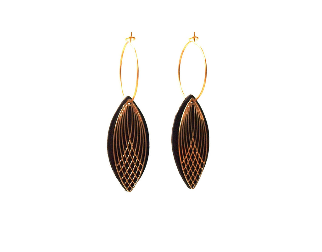 Boucles d'oreilles créoles acier inoxydable et cuir - noir et or - créoles style art déco - modèle SIENNA