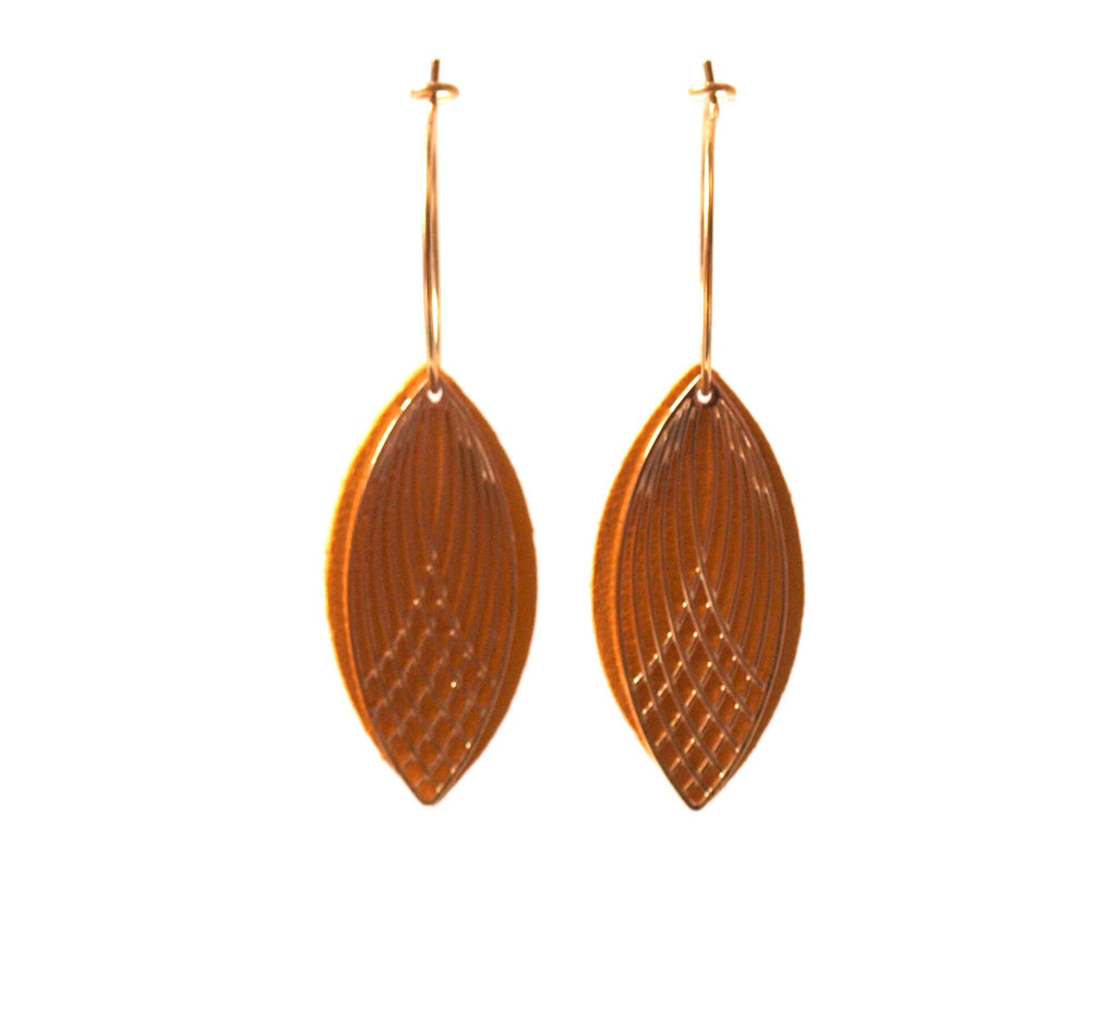 Boucles d'oreilles créoles acier inoxydable et cuir - jaune moutarde et or - créoles style art déco - modèle SIENNA