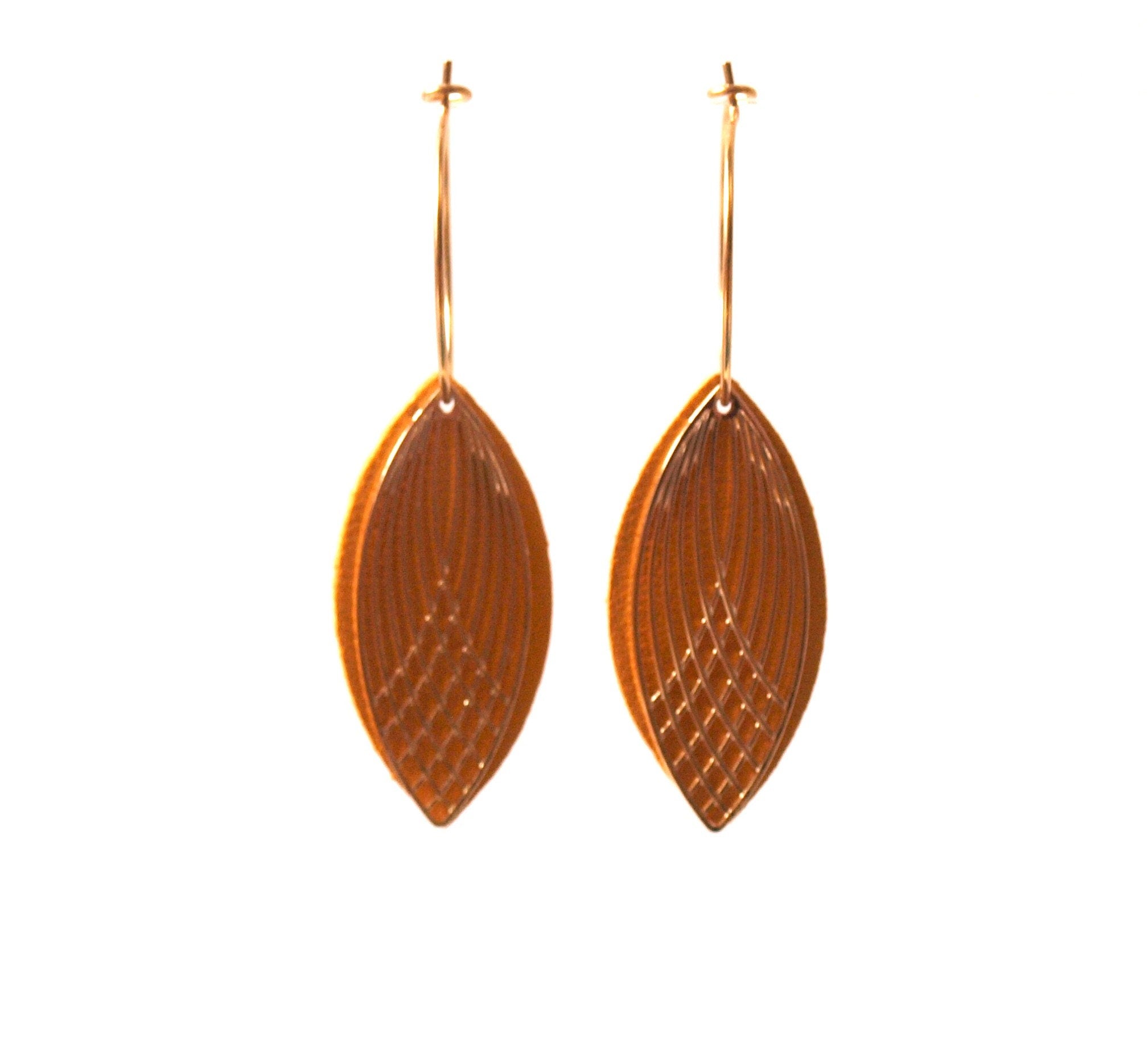 Boucles d'oreilles créoles acier inoxydable et cuir - jaune moutarde et or - créoles style art déco - modèle SIENNA