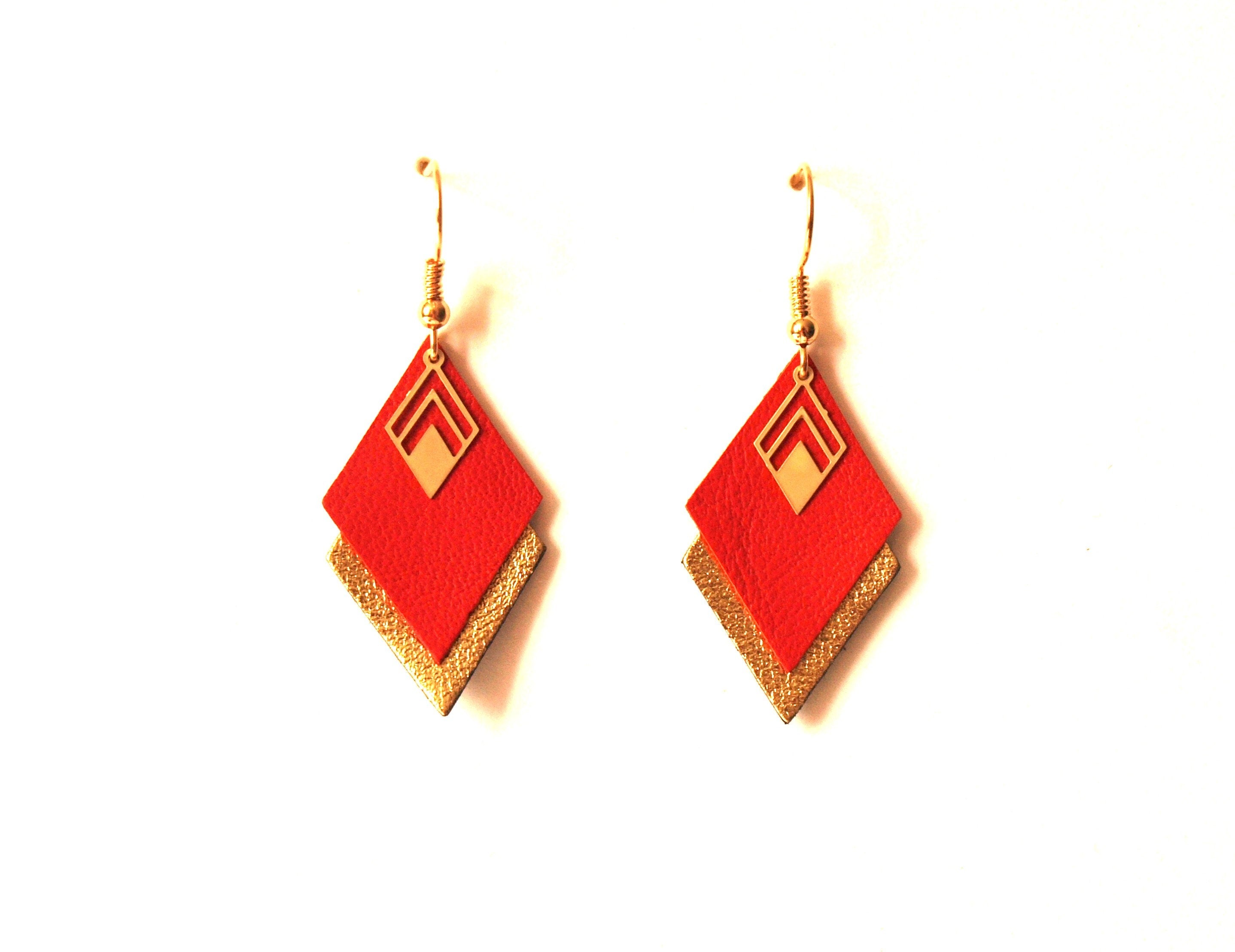 Boucles d'oreilles cuir rouge et or, boucles d'oreilles graphiques losanges - modèle LYA - cadeau de noël pour femme pour elle