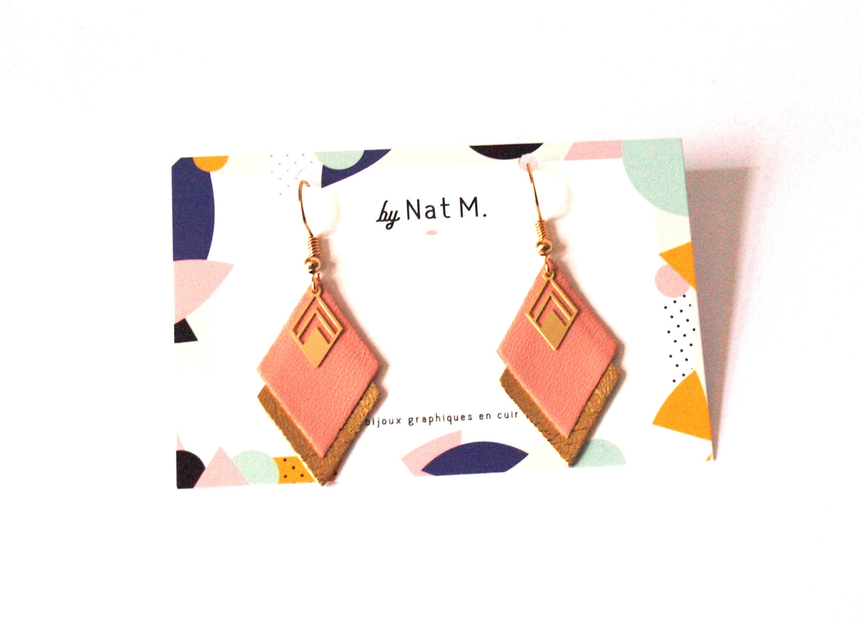 Boucles d'oreilles cuir rose, vieux rose et doré, boucles d'oreilles graphiques losanges - modèle LYA - cadeau de noël pour femme pour elle
