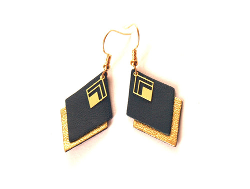 Boucles d'oreilles cuir bleu canard et or, boucles d'oreilles graphiques losanges géométriques - modèle LYA - cadeau noël pour femme
