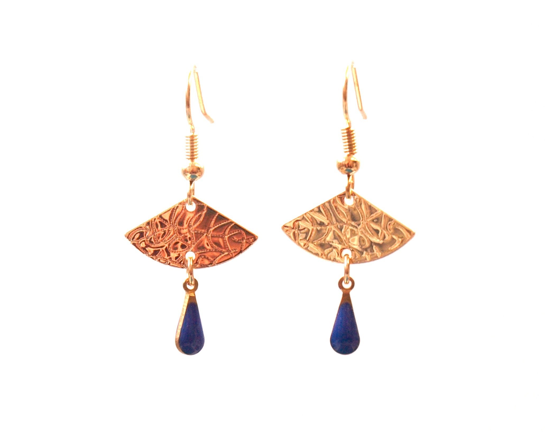 Boucles d'oreilles éventail doré - boucles d'oreilles discrètes - modèle EVA bleu roi