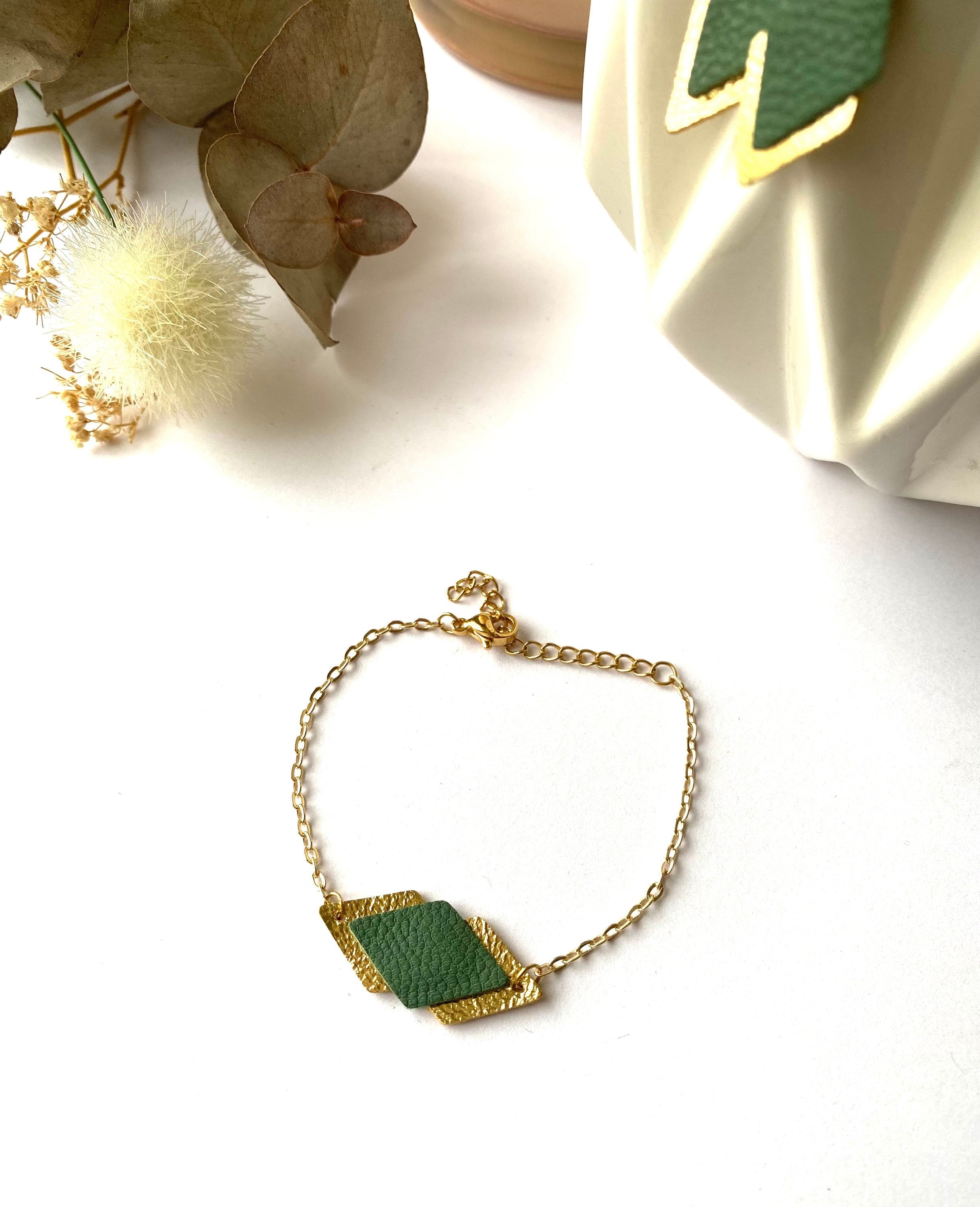 Bracelet femme vert de gris et doré en cuir