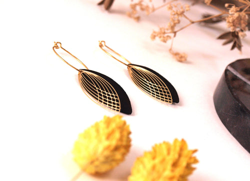 Boucles d'oreilles créoles acier inoxydable et cuir - noir et or - créoles style art déco - modèle SIENNA