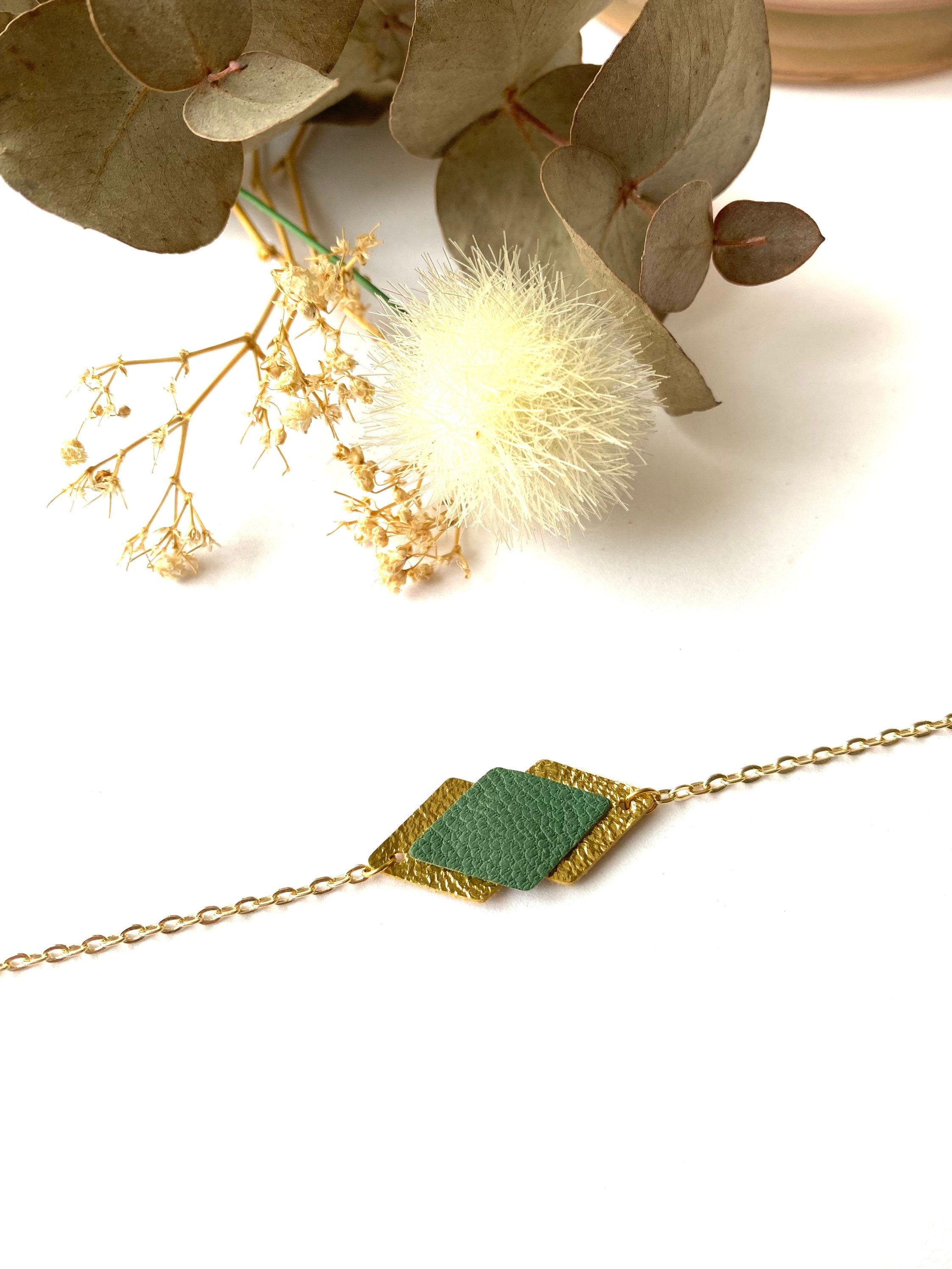 Bracelet femme vert de gris et doré en cuir