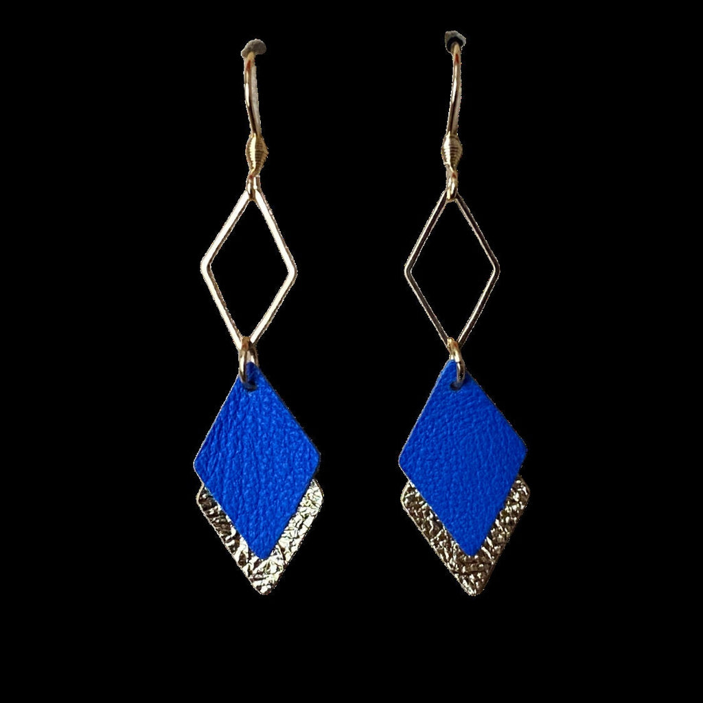 Boucles d'oreilles cuir bleu et or, boucles d'oreilles graphiques losanges bleu roi et doré - modèle LISÉA -cadeau noël pour elle pour femme