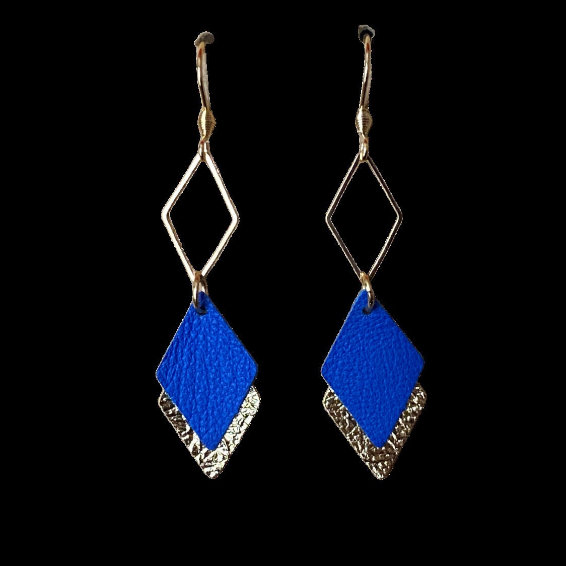 Boucles d'oreilles cuir bleu et or, boucles d'oreilles graphiques losanges bleu roi et doré - modèle LISÉA -cadeau noël pour elle pour femme